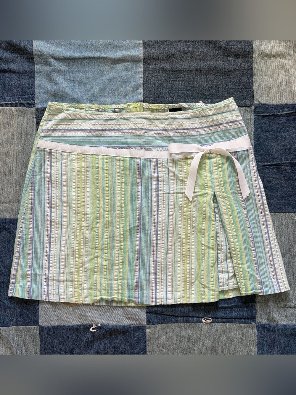 vintage y2k wrapper striped mini skirt blue green ribbon bow made in usa size 13